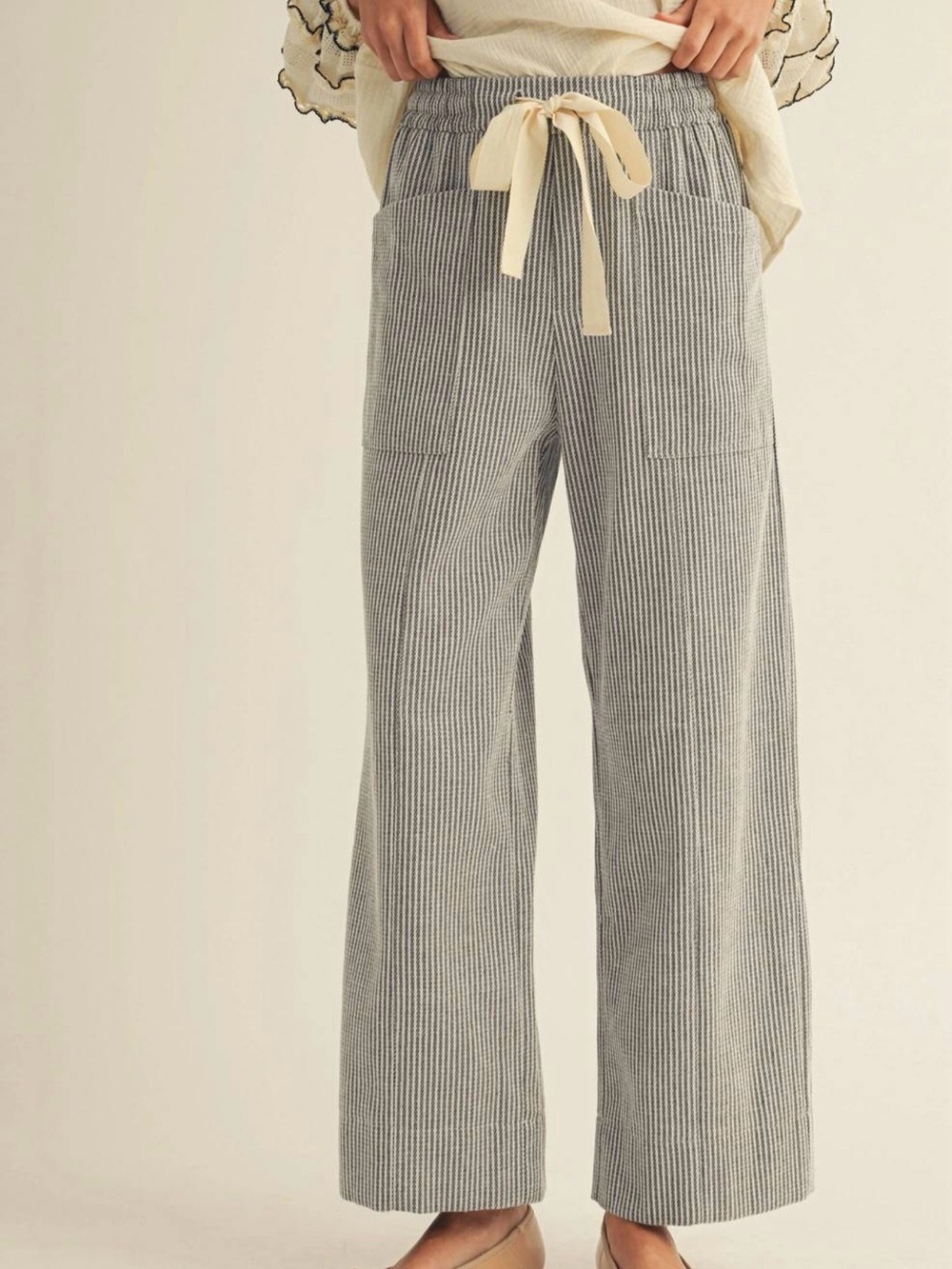 Relaxed Wide-Leg Stripe Pants with Drawstring Waist
